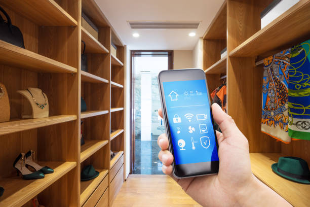 istock smart phone with smart home with modern wardrobe 880300648