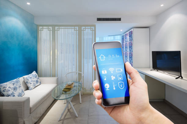istock smart phone with smart home with modern living room 880308750