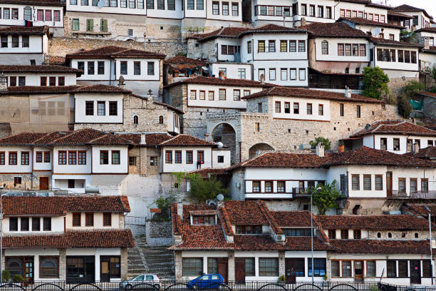 Skyline of the old city of Berat with its traditional ancient houses, in Albania.