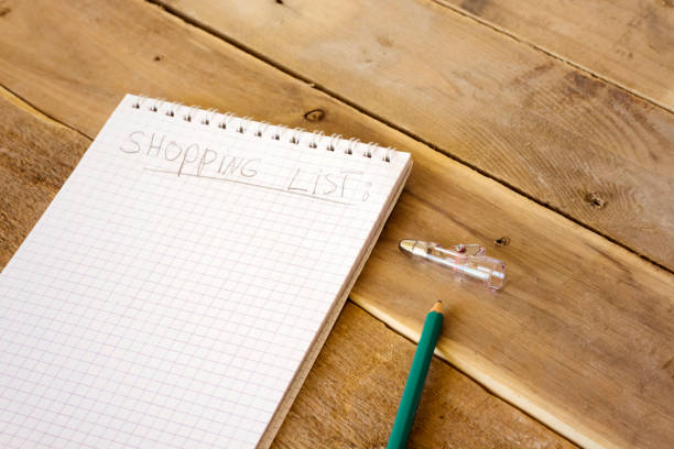 istock empty notebook with phrase shopping list and pencil, sharpener on wood table 880334764