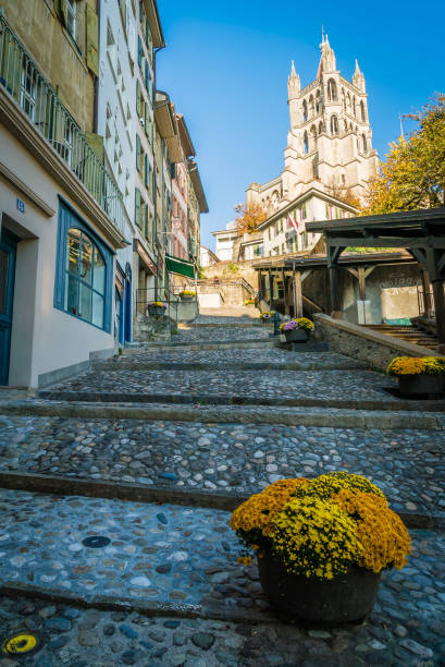 Street in Lausanne with its cathedral in the background