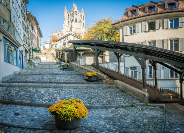 Street in Lausanne with its cathedral in the background