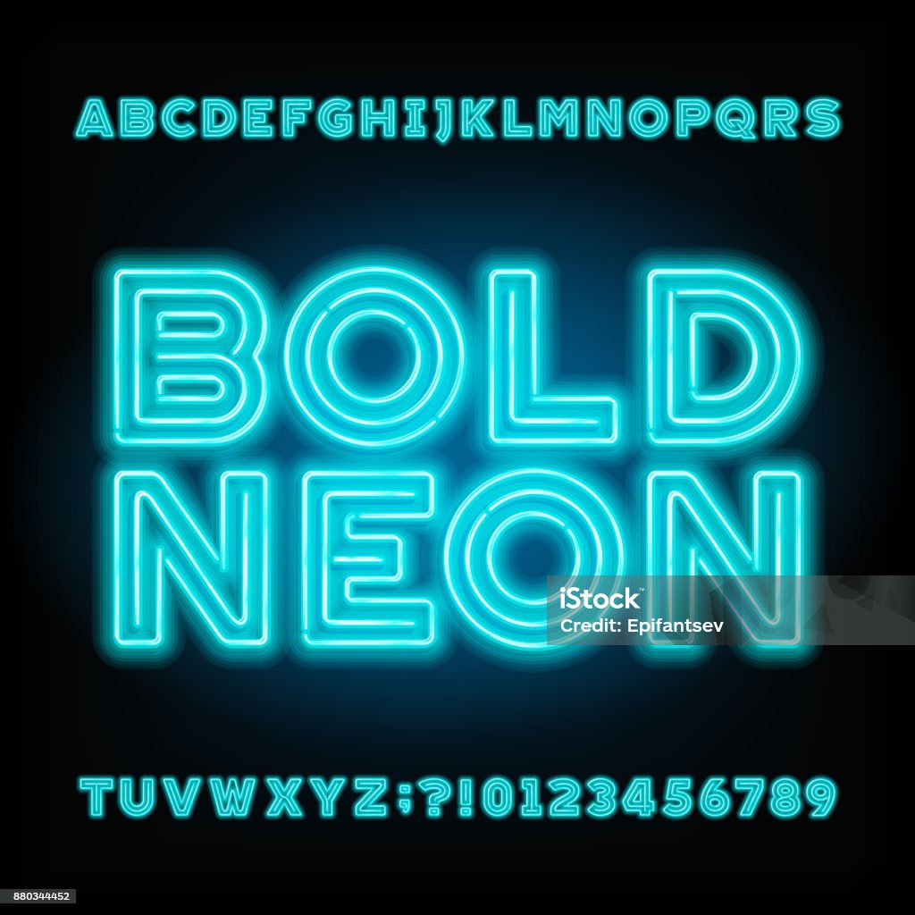 Blue neon tube alphabet font. Bold letters and numbers. Blue neon tube alphabet font. Neon color bold letters and numbers. Stock vector typeset for your headers or any typography design. Neon Lighting stock vector
