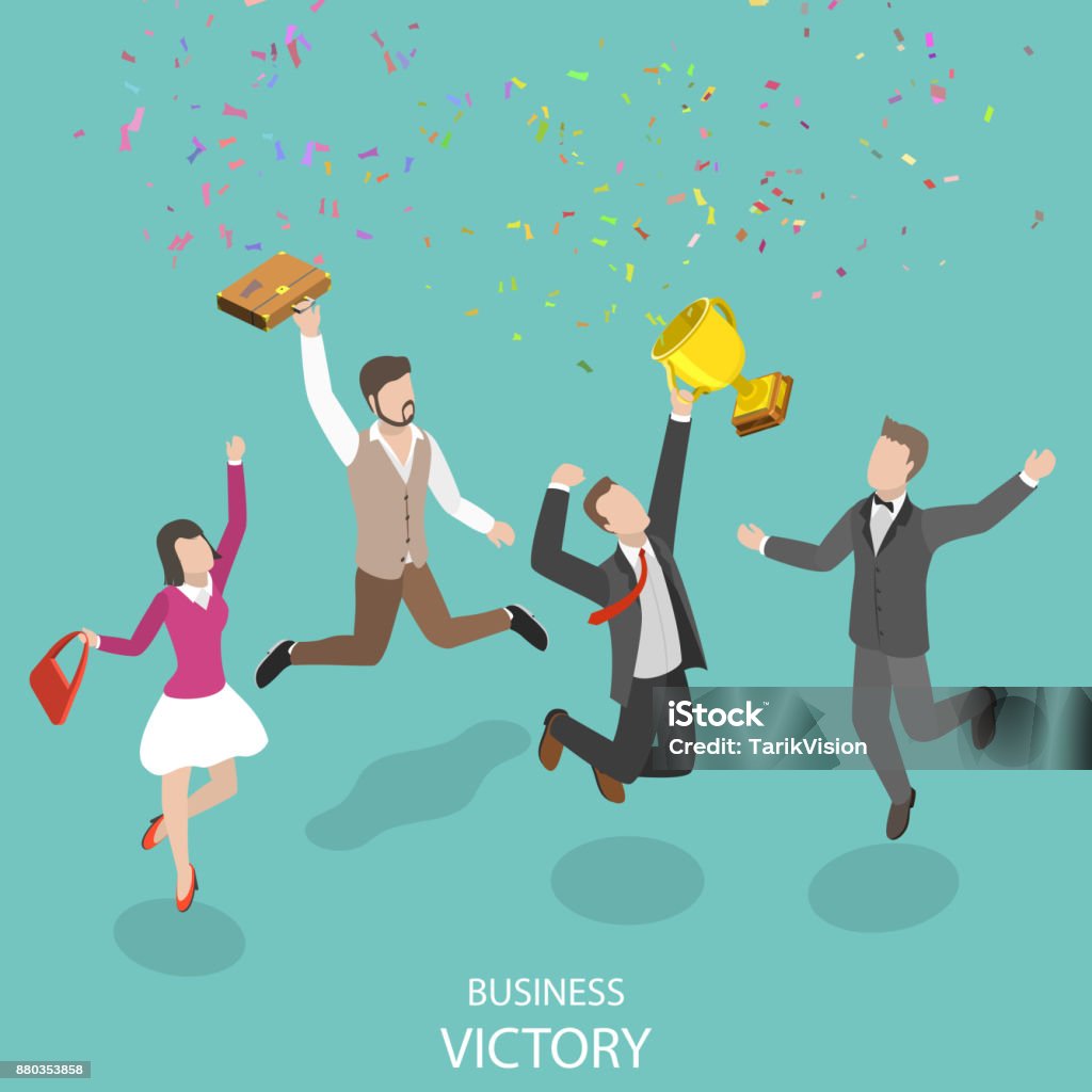 Business victory flat isometric vector concept. Business victory flat isometric vector concept. People with winner cup are jumping and rejoicing of their win. Celebration stock vector