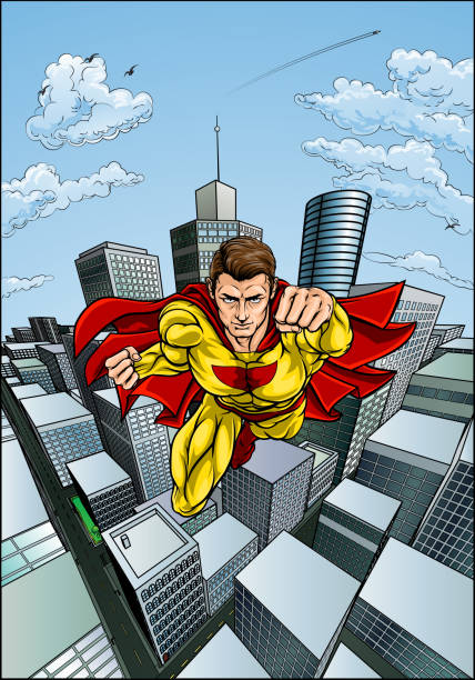 latające caped superhero miasto scena - superhero comic book cityscape flying stock illustrations