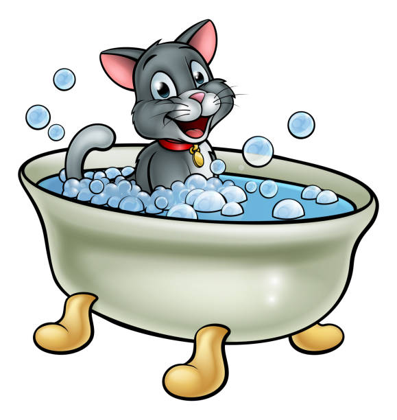 Cartoon Cat Washing In The Bath Stock Illustration - Download Image Now -  Animal Groomer, Pets, Domestic Cat - iStock