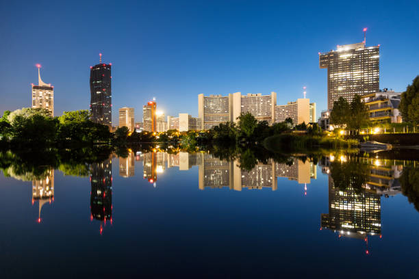 istock Vienna skyline on the Danube river at night 880356896