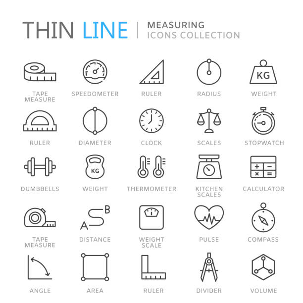 illustrazioni stock, clip art, cartoni animati e icone di tendenza di raccolta di icone di misura della linea sottile - proporzione