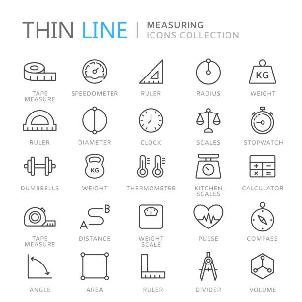 ilustrações de stock, clip art, desenhos animados e ícones de collection of measuring thin line icons - tape measure measuring length vector