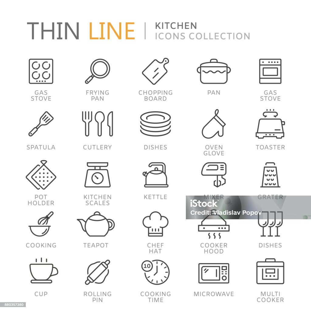 Collezione di icone della linea sottile della cucina - arte vettoriale royalty-free di Icona