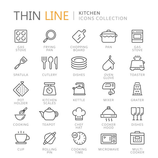 Collection of kitchen thin line icons Collection of kitchen thin line icons. Vector eps 8 kitchen symbols stock illustrations