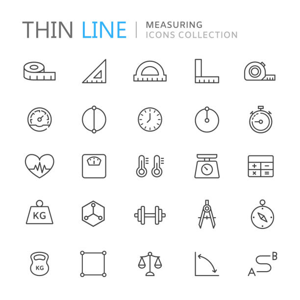 ilustrações de stock, clip art, desenhos animados e ícones de collection of measuring thin line icons - tape measure measuring length vector