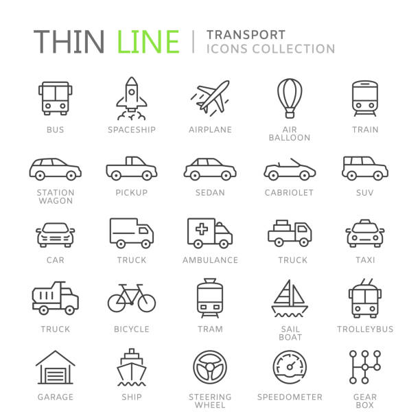 ilustraciones, imágenes clip art, dibujos animados e iconos de stock de colección de iconos de transporte línea fina - mandos de avion