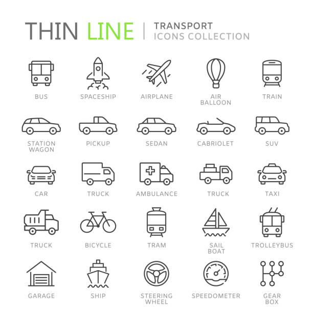 illustrazioni stock, clip art, cartoni animati e icone di tendenza di raccolta di icone di linea sottile di trasporto - automotive