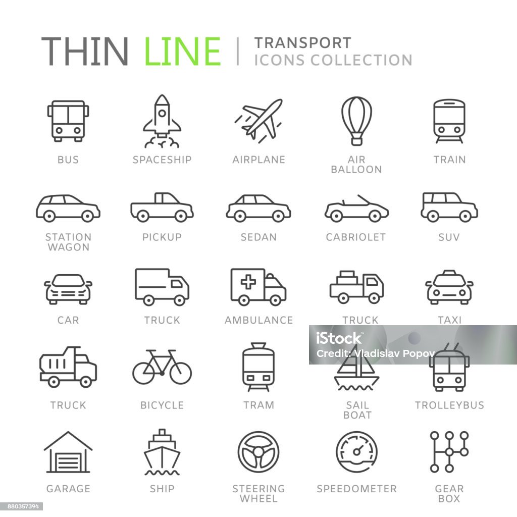 トラ��ンスポート細い線アイコンのコレクション - アイコンのロイヤリティフリーベクトルアート