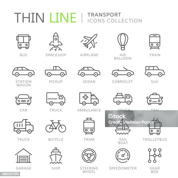 Collection Of Transport Thin Line Icons Stock Illustration - Download Image Now - Icon Symbol, Car, Transportation