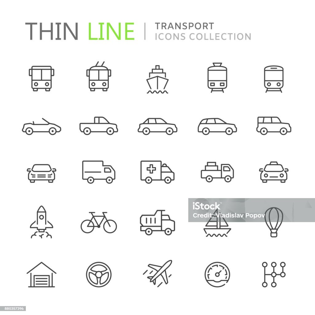 Collection d’icônes de fine ligne de transport - clipart vectoriel de Icône libre de droits