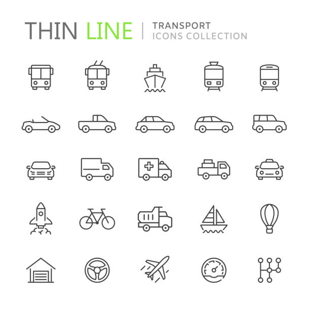 illustrazioni stock, clip art, cartoni animati e icone di tendenza di raccolta di icone di linea sottile di trasporto - traffico illustrazioni
