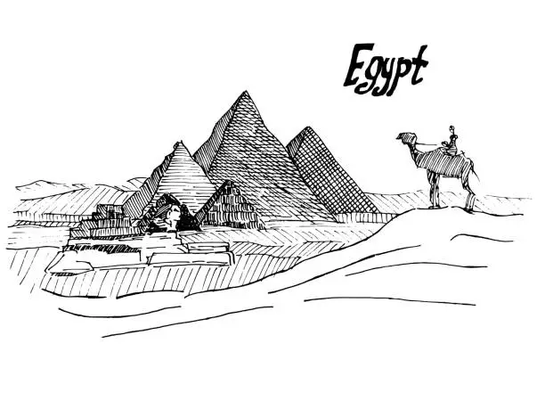 Vector illustration of Egyptian sketch pen pyramid sphinx and camel with rider