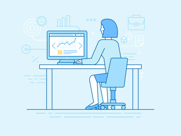 Vector illustration in line flat style and blue colors - business development concept Vector illustration in line flat style and blue colors - woman sitting at the computer - outsource project manager working remotely - business development concept project manager remote stock illustrations