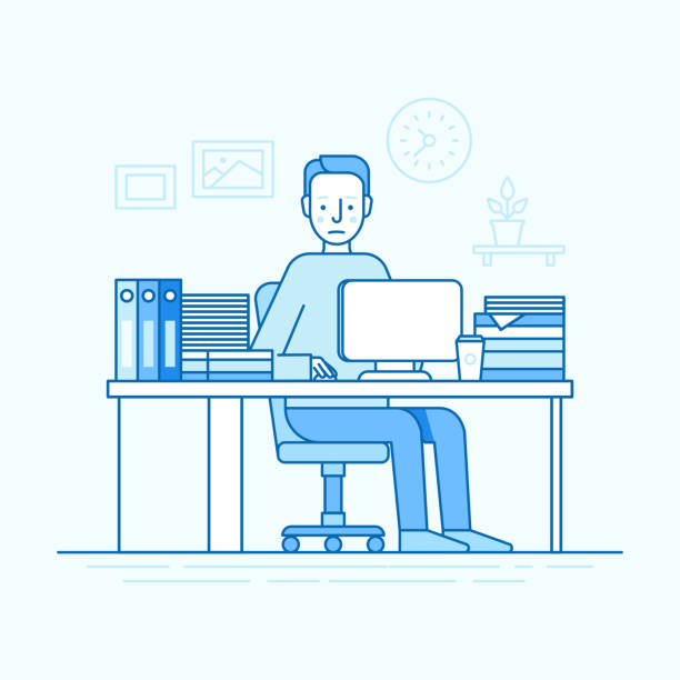 ilustracja wektorowa w modnym płaskim stylu liniowym i niebieskich kolorach - człowiek siedzący przy biurku z komputerem i pracowity - outline desk computer office stock illustrations