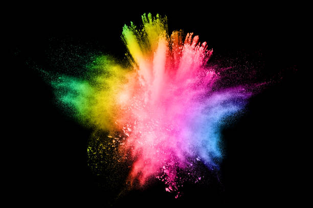 multi color pulver-explosion auf schwarzem hintergrund. - sprinkles isolated white multi colored stock-fotos und bilder