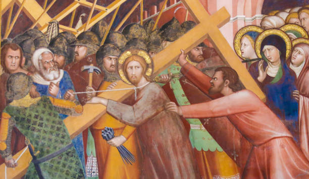 fresko in san gimignano - jesus an der via dolorosa - station of the cross stock-fotos und bilder
