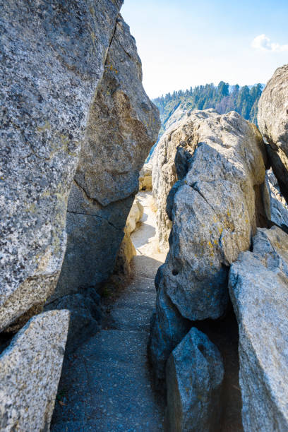 Hike on Moro Rock Staircase toward mountain top, granite dome rock formation in Sequoia National Park, Sierra Nevada mountains, California, USA