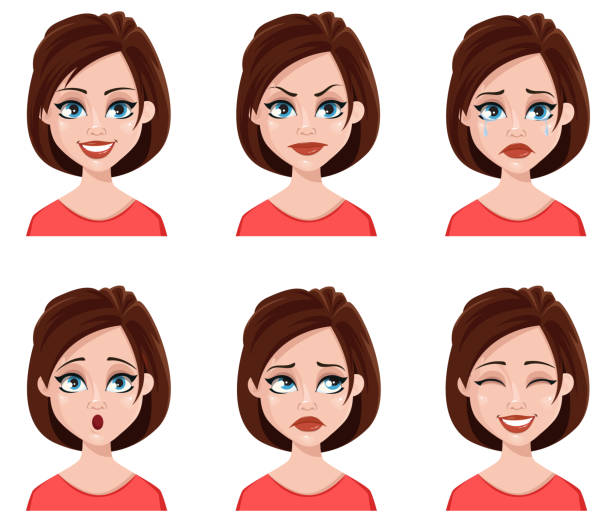 ilustrações de stock, clip art, desenhos animados e ícones de facial expressions of a cute woman. - white background laughing beautiful women