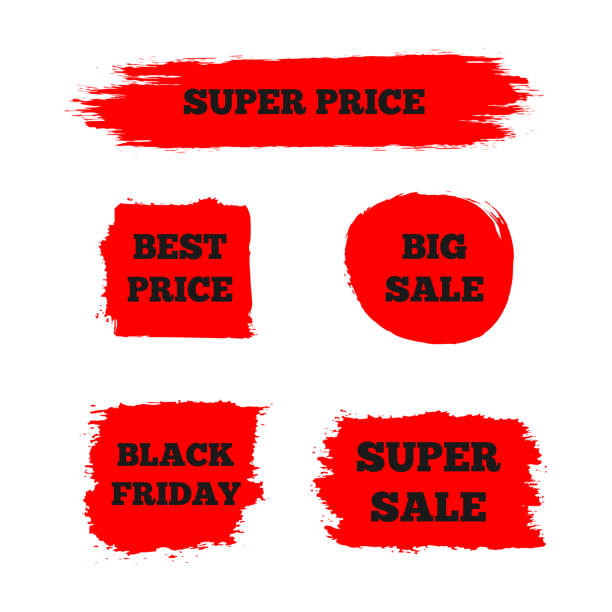 一套紅色標誌與文本 "最佳價格", "超級銷售", "大拍賣", "黑色 星期五"。彩繪刷。 - 黑色星期五 購物活動 插圖 幅插畫檔、美工圖案、卡通及圖標