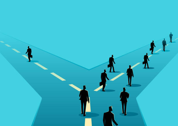 Dare To Be Different Business concept illustration of a businessman choose different way from other businessmen businessman standout stock illustrations