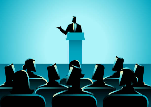 Man Giving A Speech On Stage Business concept illustration of businessman giving a speech on stage. Audience, seminar, conference theme person presenting silhouette stock illustrations