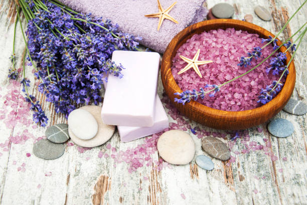 istock Spa products and lavender flowers 880404376