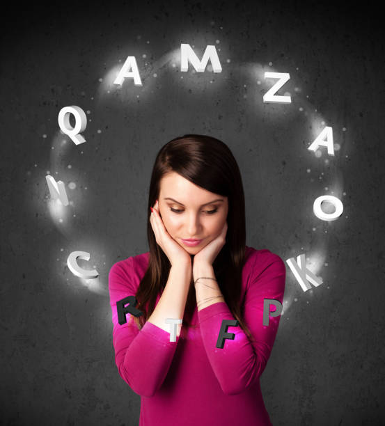 istock Young woman thinking with letter circulation around her head 880404604