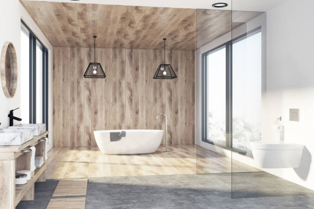 istock Wooden bathroom, tub and sink 880414312