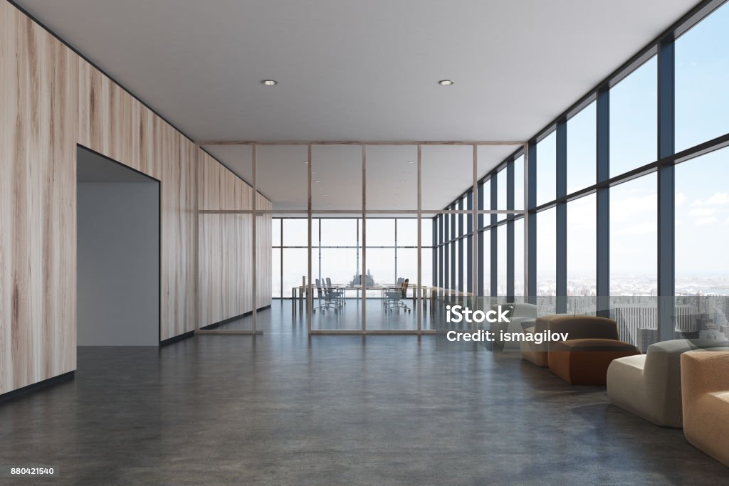 Light wooden waiting room, armchairs Upscale office waiting room interior with colorful pastel hue armchairs standing along loft windows in front of a reception desk. Light wooden walls, front view. 3d rendering Meeting Room Stock Photo