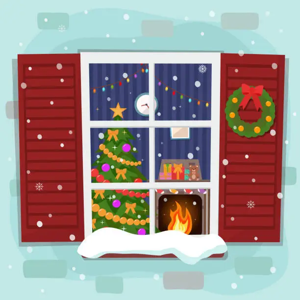 Vector illustration of View of the cozy Christmas living room with a tree and fireplace through the window.