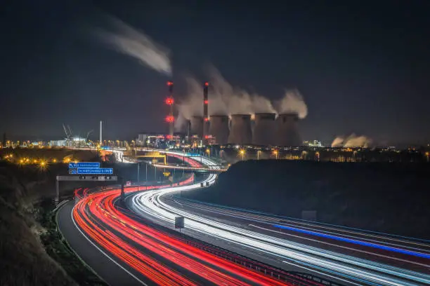 Ferrybridge power station viewed across the A1 motorway at night