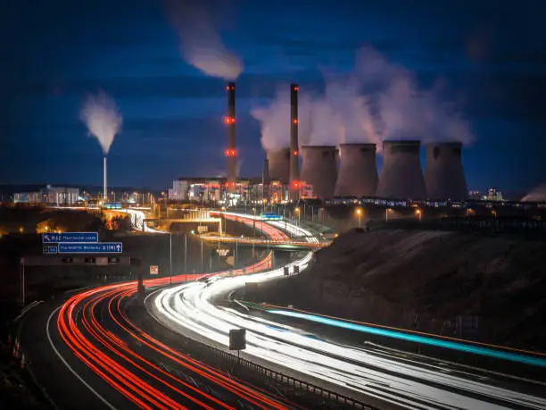 Ferrybridge power station at night across the A1 motorway in Yorkshire