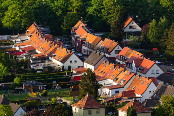 High angle view of little village High angle view of a little west German village with red roofs and large gardens near Aachen. alsdorf stock pictures, royalty-free photos & images