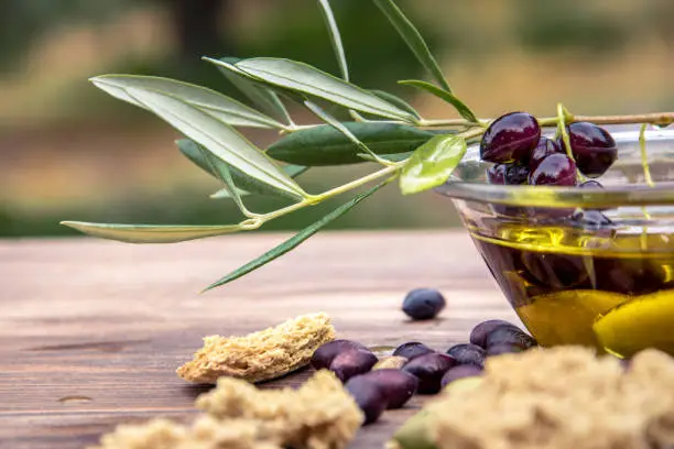 Bowl with extra virgin olive oil, olives, a fresh branch of olive tree and cretan rusk dakos close up, Crete, Greece.