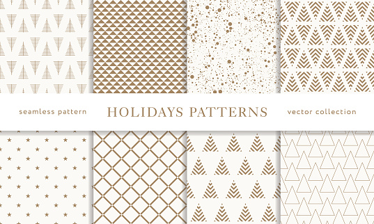 Set of winter holiday seamless patterns. Merry Christmas and Happy New Year. Collection of simple geometric textured backgrounds with golden color. Vector illustration. EPS 10