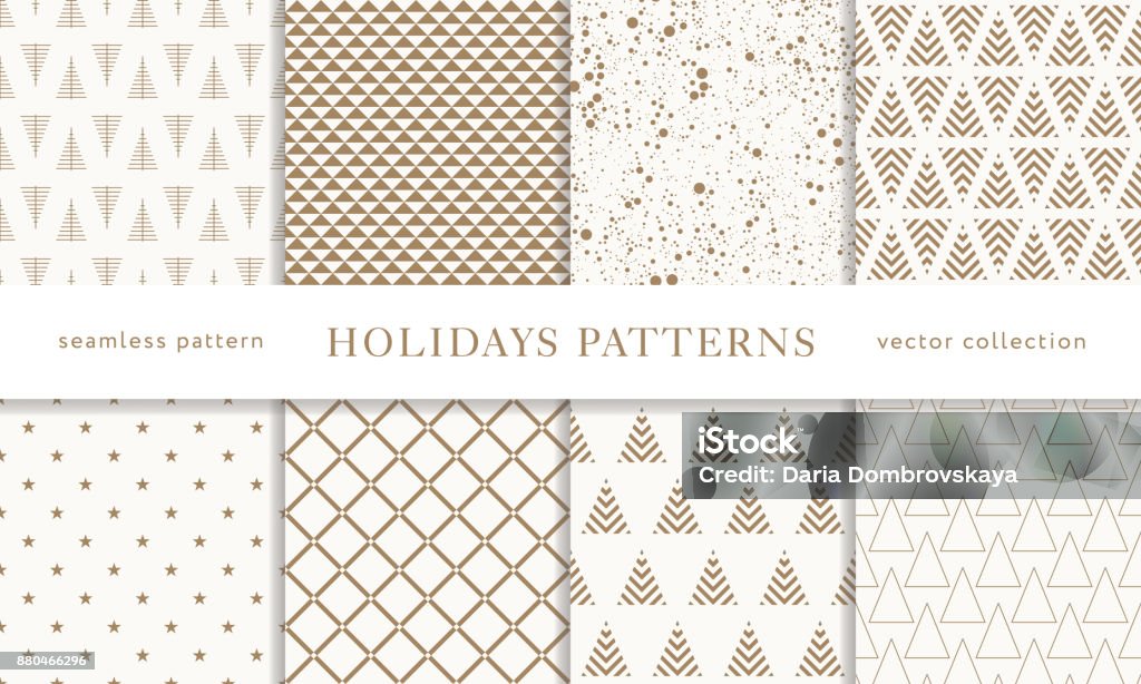 Print Set of winter holiday seamless patterns. Merry Christmas and Happy New Year. Collection of simple geometric textured backgrounds with golden color. Vector illustration. EPS 10 Christmas stock vector