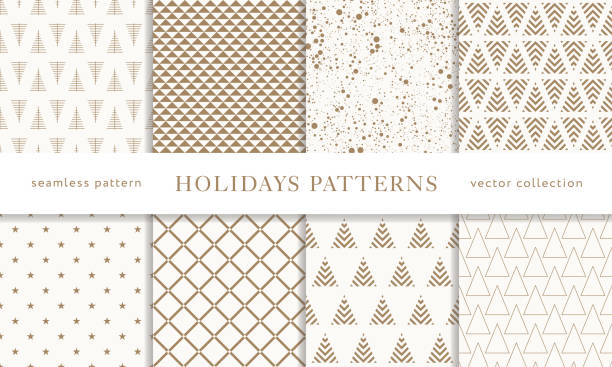 Print Set of winter holiday seamless patterns. Merry Christmas and Happy New Year. Collection of simple geometric textured backgrounds with golden color. Vector illustration. EPS 10 christmas pattern stock illustrations