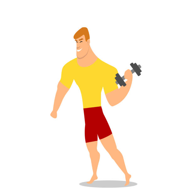 Young man, male bodybuilder, weightlifter doing bicep workout, training arms with dumbbells Young man, male bodybuilder, weightlifter doing bicep workout, training arms with two dumbbells, cartoon vector illustration isolated on white background. Male bodybuilder doing bicep workout eps10 cartoon muscular man lifting heavy weights stock illustrations
