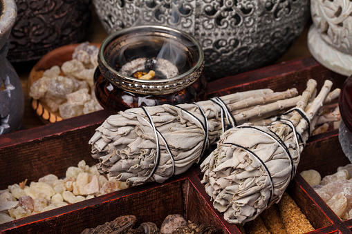 Various kinds of popular incense : myrrh, frankincense, messer, copaiba, salvia apiana, borena, gowe  - thiouraye, palo santo