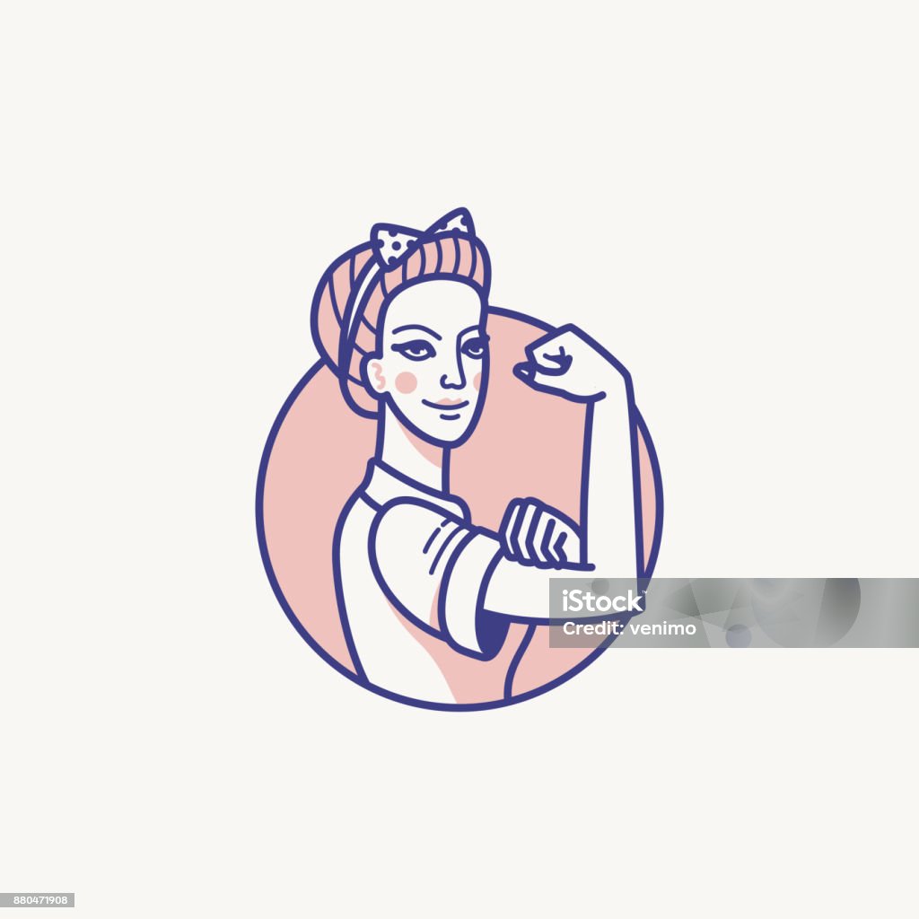Vector illustration -  female power and woman rights Vector illustration in linear flat style - feminism concept - we can do it - girl showing fist - symbol of female power and woman rights Women stock vector
