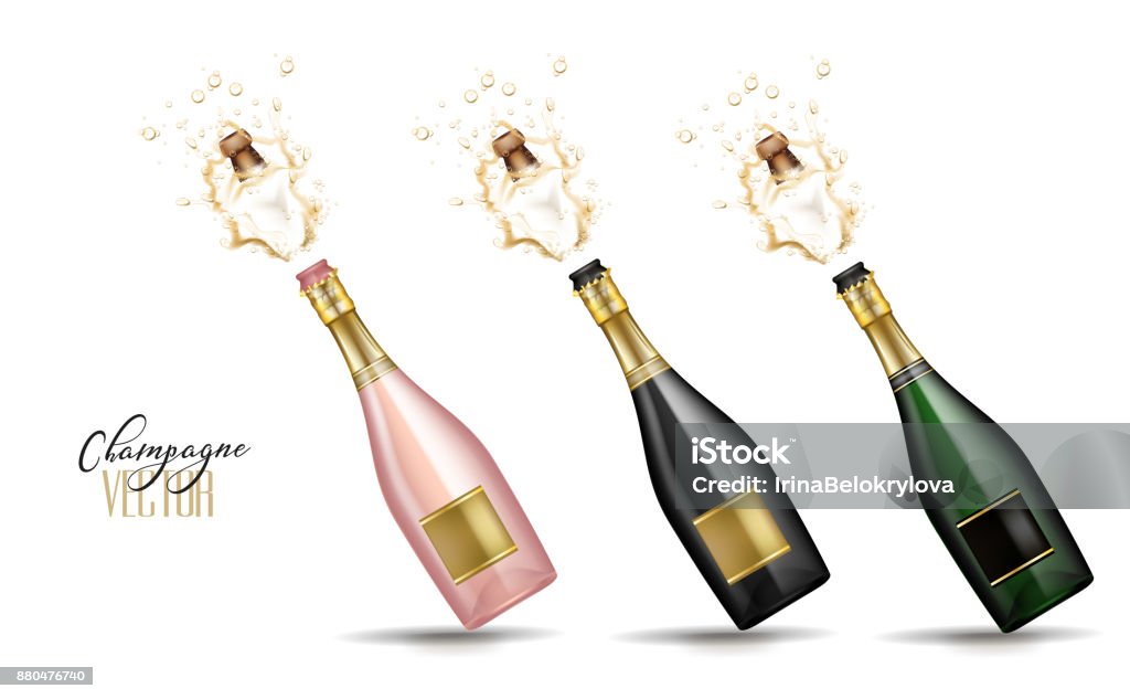 vector realistic champagne explosion Realistic champagne explosion set. Pink, black, green glass bottle with gold label popping cork splashing. Christmas, new year, corporate, birthday celebration element. Isolated vector illustration Champagne stock vector