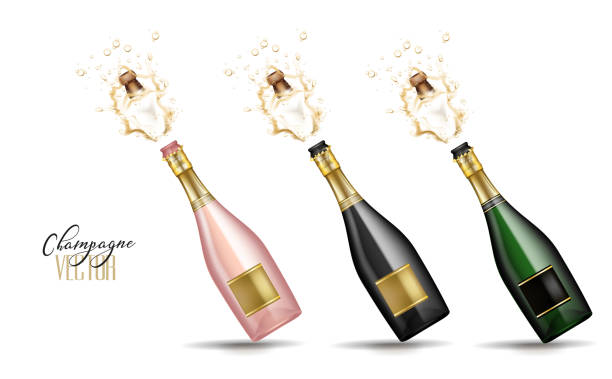 vector realistic champagne explosion Realistic champagne explosion set. Pink, black, green glass bottle with gold label popping cork splashing. Christmas, new year, corporate, birthday celebration element. Isolated vector illustration Champagne stock illustrations
