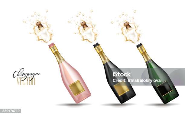 Vector Realistic Champagne Explosion Stock Illustration - Download Image Now - Champagne, Bottle, Gold - Metal